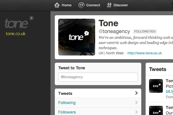 Tone Design Agency Twitter webpage layout