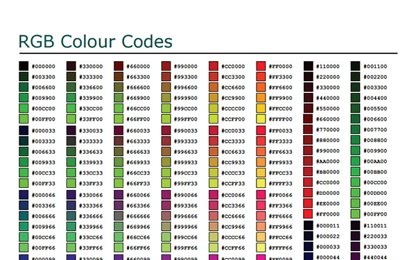 RGB Hex Colour Codes Cheat Sheet